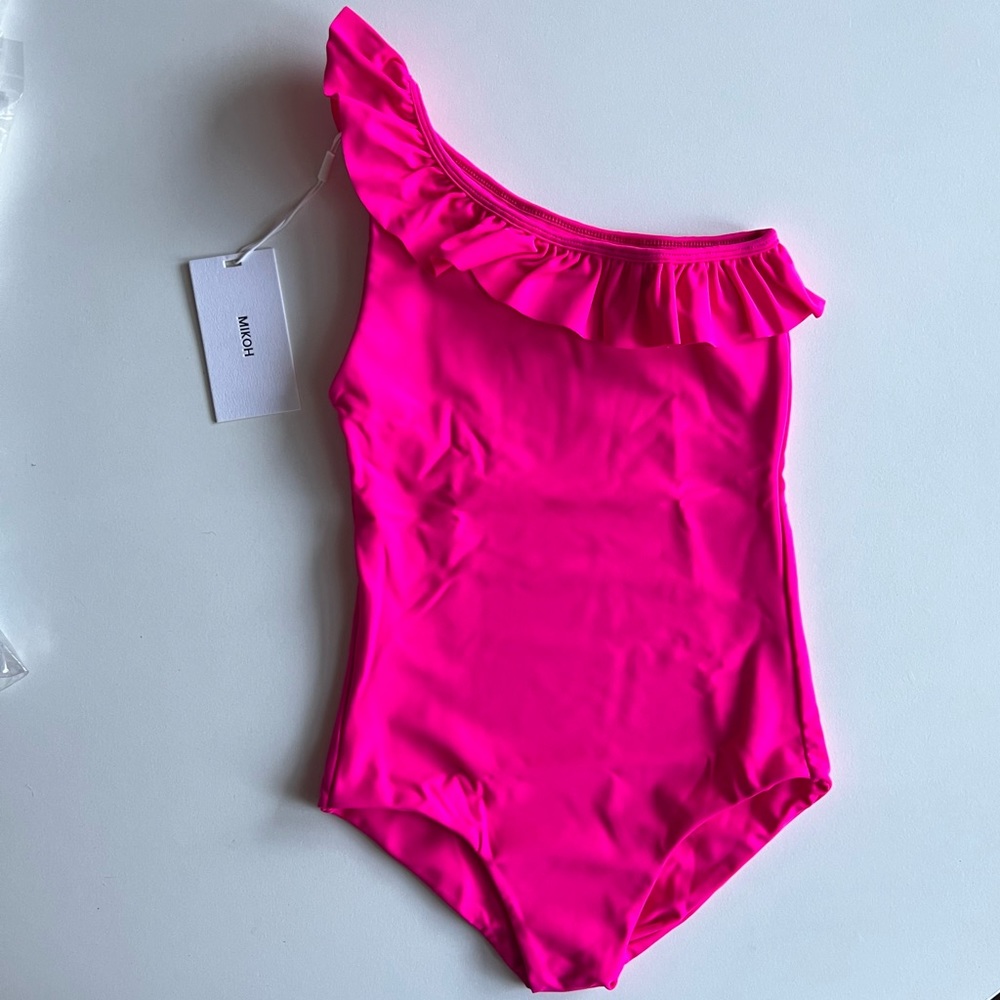 MIKOH MINI Ray One Shoulder Ruffle One Piece in Pop Pink NWT